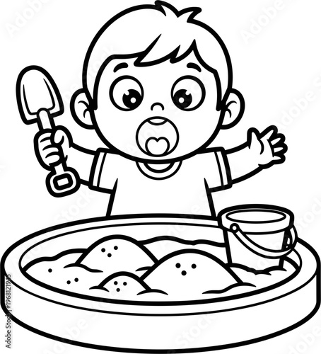 Surprised boy with dumplings and shovel.