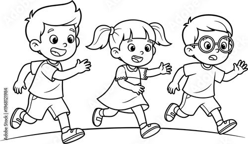 Three children running together outside school.