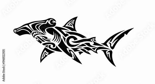 Stylized black tribal art of a hammerhead shark swimming