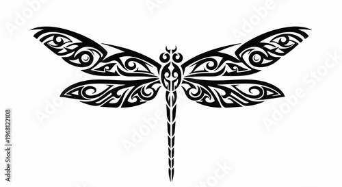 Stylized black tribal dragonfly tattoo art on white background