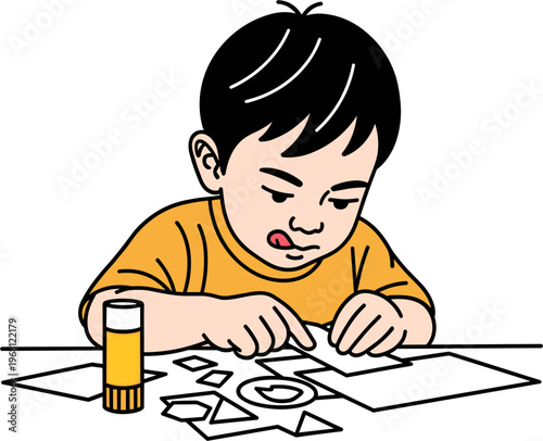 Young boy playing with puzzle pieces.