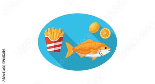 Flat design illustration of classic fish and chips meal with lemon slice and wedge for a fresh taste experience
