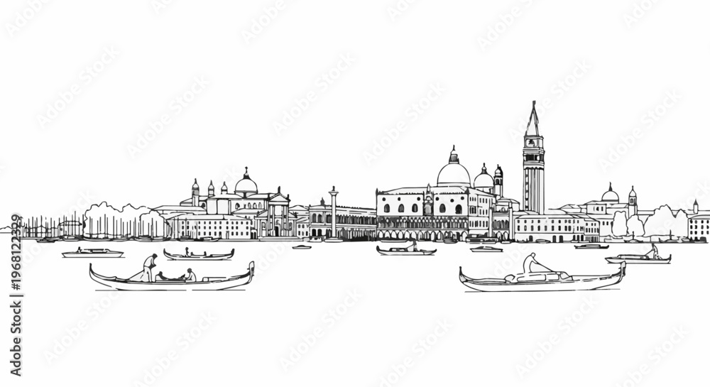 Obraz premium Sketchy line drawing of a famous European city's waterfront with gondolas