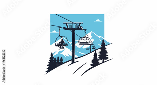 Ski lift ascends snowy mountains with silhouette trees and cloudy sky