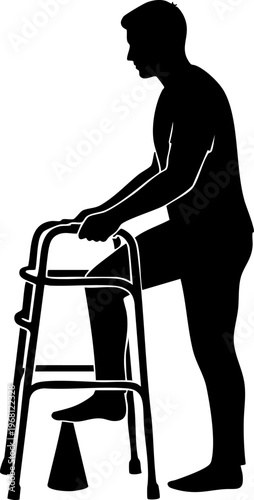 Silhouette of elderly man using walker for assistance and support while standing with his leg bent on transparent background.