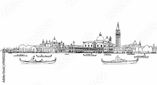 Sketchy line drawing of a famous European city's waterfront with gondolas
