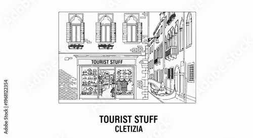 Sketch of Venetian street with tourist shop, canal, and gondola