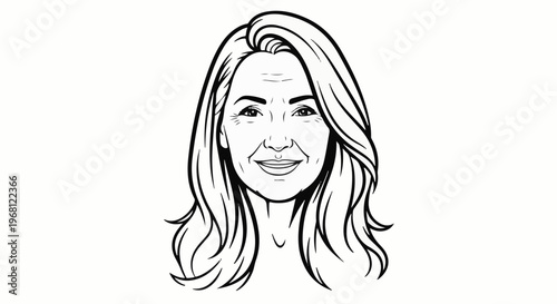 Sketchy black and white drawing of a smiling woman's face with wavy hair