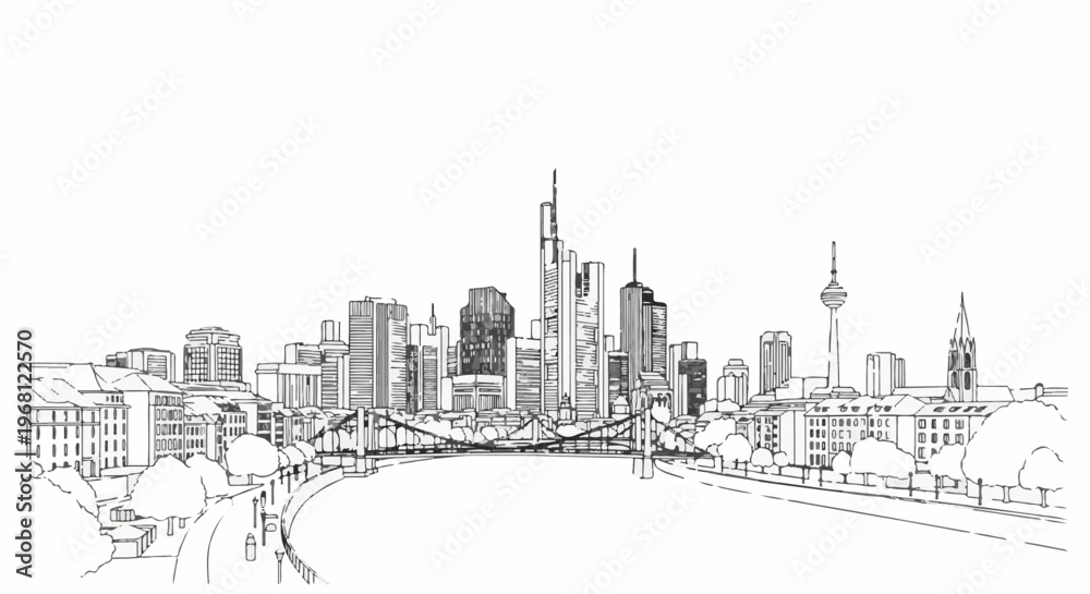 Obraz premium Sketch of a river flowing through a city with tall buildings and a bridge