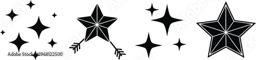 Variety of black line art star and arrow icons in a horizontal row, perfect for minimalist vector designs.