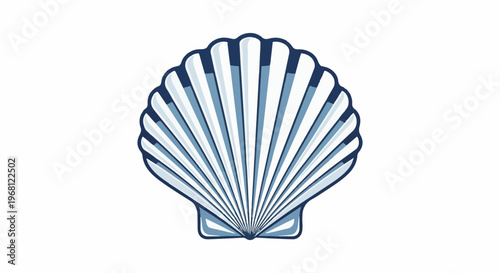 Stylized blue and white scallop shell illustration on a plain background