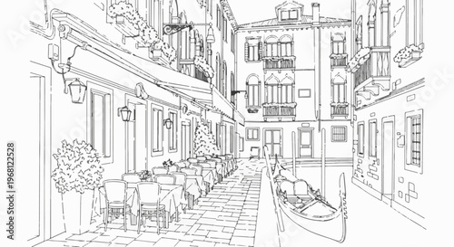 Sketch of a Venetian canal with a gondola and outdoor cafe seating