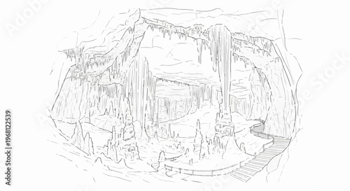 Sketch of a vast cave with stalactites, stalagmites, and a wooden walkway
