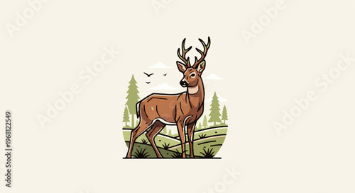 Stylized deer stands alert in a peaceful forest landscape with birds flying