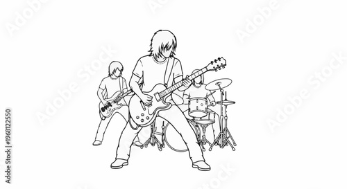 Sketch of a rock band performing with guitars and drums