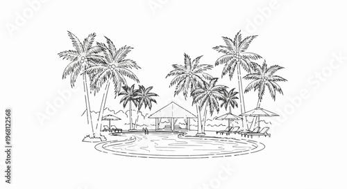 Sketch of a tropical resort with palm trees, pool, and lounge chairs