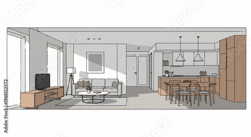 Sketch of a modern open-plan living and dining area with kitchen