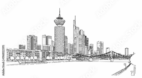 Sketch of a modern city skyline with skyscrapers and a bridge