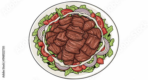 Slices of grilled meat piled high over a fresh salad with tomatoes and onions