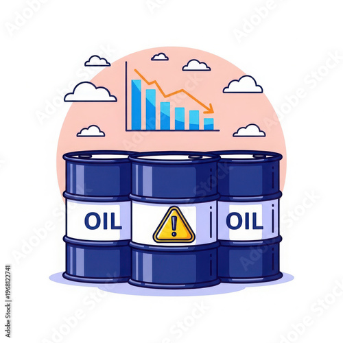Oil barrels with warning sign and declining market graph illustration