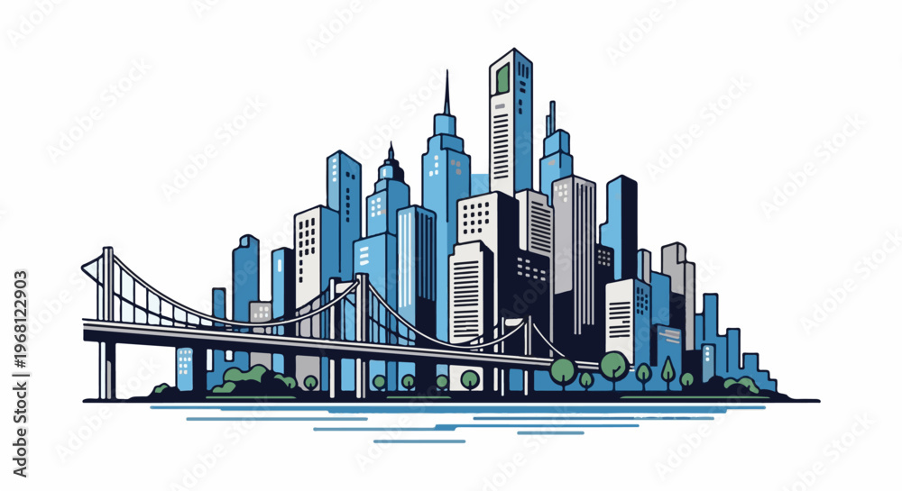 Obraz premium Stylized blue cityscape with a suspension bridge and water elements