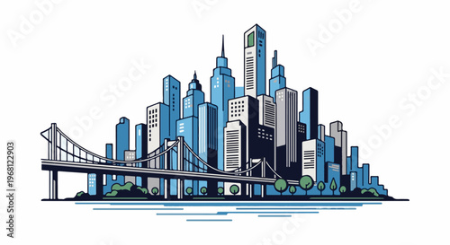 Stylized blue cityscape with a suspension bridge and water elements