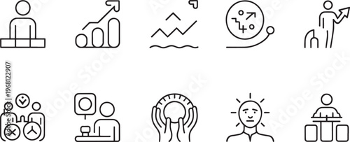 A compilation of stylized icons representing organizational structure, performance metrics, strategic direction, and team dynamics in a professional context.