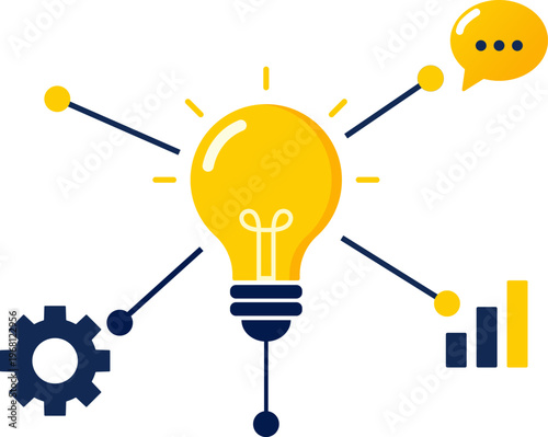 Idea Network Icon with Lightbulb Connected to Strategy, Communication and Growth