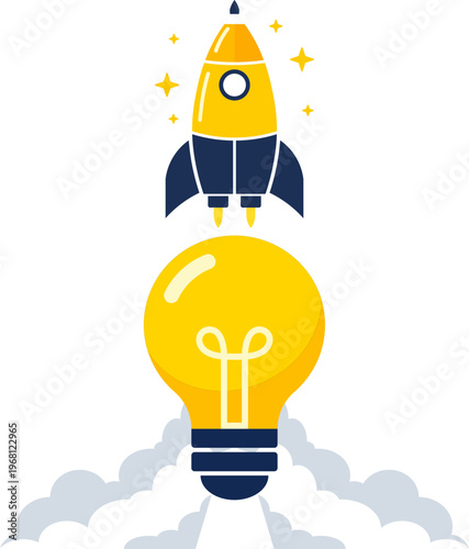Startup Launch Idea Icon with Rocket Taking Off from Lightbulb Innovation Concept
