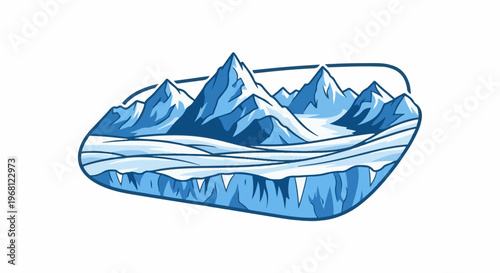 Stylized blue mountain range with icy peaks and glacial formations