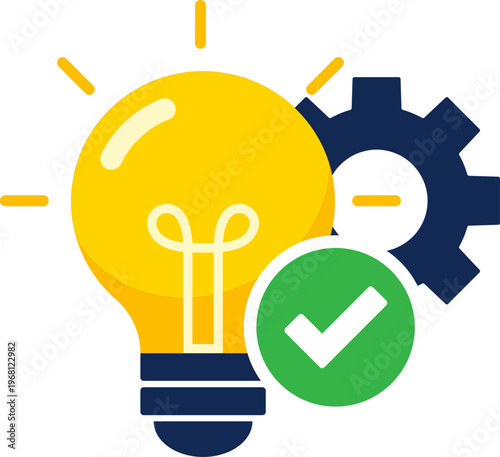Successful Idea Execution Icon with Lightbulb, Gear Process and Approval Checkmark