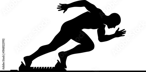 Silhouette of sprinter launching from starting blocks ready for competition dynamism strength and speed.