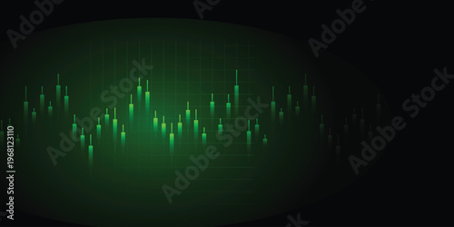 : Green glowing candlestick financial chart in dark oval frame with grid background, abstract data visualization concept for stock market dashboards, financial reports and digital marketing