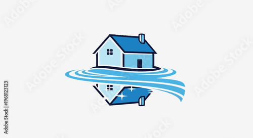 Stylized blue house on swirling blue water, with a sparkling reflection below