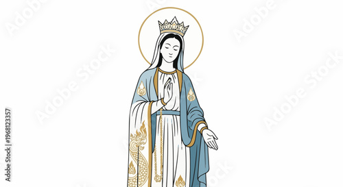 Stylized depiction of a crowned female figure with draped robes and a halo