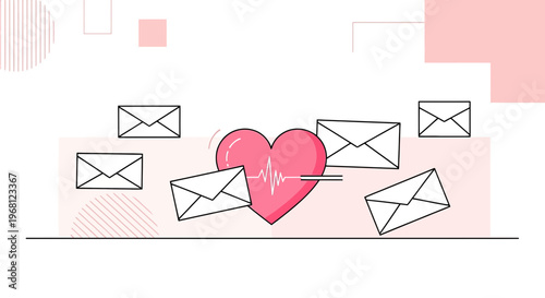 Pink Heart with ECG Line Surrounded by Envelopes on Abstract Background