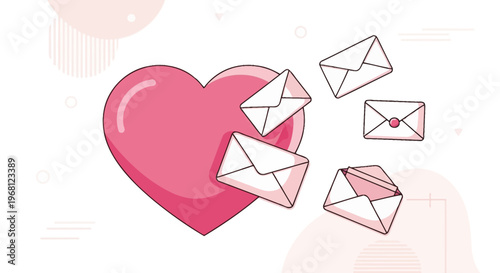 Pink Heart with Envelopes Flying Around - Love Letters, Romance, Communication