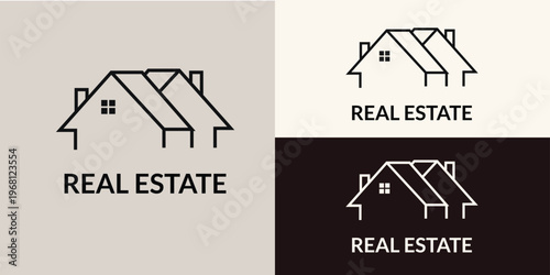 Minimal house roof real estate logo with REAL ESTATE text in light gray and dark variations, vector illustration concept for property branding, corporate identity and website design