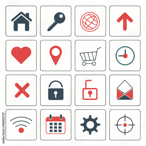 Modern line icons in square frames featuring house key globe arrow heart location pin shopping cart clock cancel lock mail wifi and calendar set.