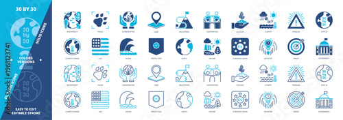 30 by 30 icon set. Conservation, Ecology, Nature, Cooperation, Fauna, Initiative, Climate Change, Government. Duotone color solid and editable outline icons