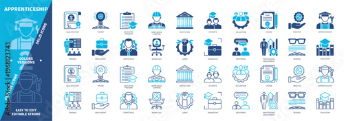 Apprenticeship icon set. Education Program, Theory, Reading, Competence, Institution, Practice, Mentoring, Training. Duotone color solid and editable outline icons