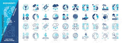 Biodiversity icon set. Temperature, Precipitation, Habitats, Climate, Organisms, Animals, Life, Tropical. Duotone color solid and editable outline icons