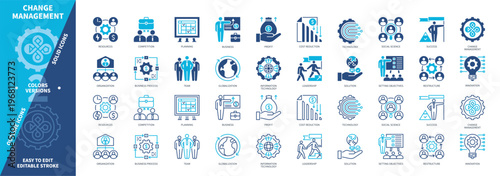 Change Management icon set. Organization, Restructure, Cost Reduction, Profit, Innovation, Solution, Competition, Success. Duotone color solid and editable outline icons