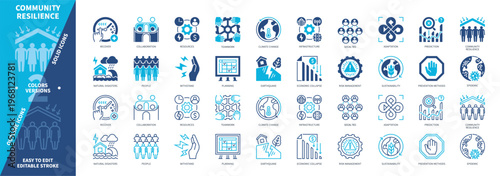 Community Resilience icon set. Withstand, Social Ties, Epidemic, Recovery, Adaptation, Prediction, Planning, Prevention. Duotone color solid and editable outline icons