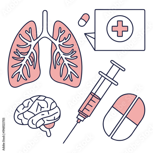 Medical icons arranged on white background including lungs brain syringe medical kit and pills symbolizing healthcare research and medical treatment concepts.