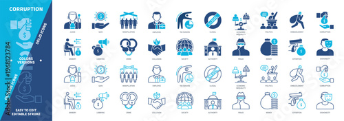 Corruption icon set. Bribery, Extortion, Tax Evasion, Fraud, Money, Gain, Authority, Government. Duotone color solid and editable outline icons