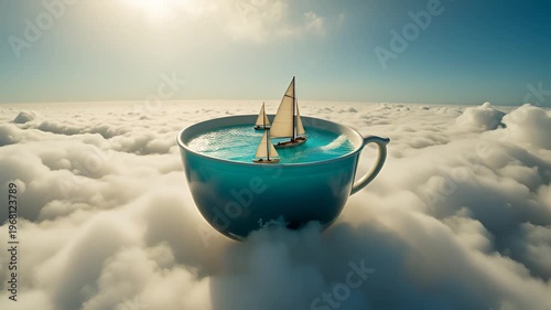 Dreamlike Scene with Sailboats on Water in a Floating Teacup