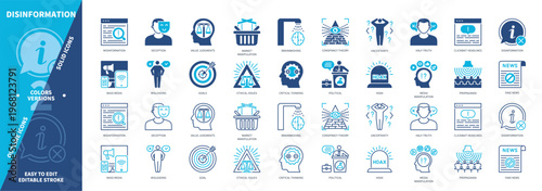 Corruption icon set. Fake News, Deception, Clickbait Headlines, Half-Truth, Media Manipulation, Brainwashing, Goals, Technology. Duotone color solid and editable outline icons