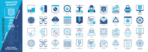 Computer Security icon set. Vulnerability, Malware, Computer Worm, Hacker, Social Engineering, Internet, Encryption, Threat. Duotone color solid and editable outline icons