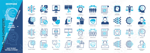 Deepfake icon set. Deep Learning, Phone Scam, Editing, Machine Learning, Internet Meme, Fraud, Compromising Evidence, Fake Content. Duotone color solid and editable outline icons
